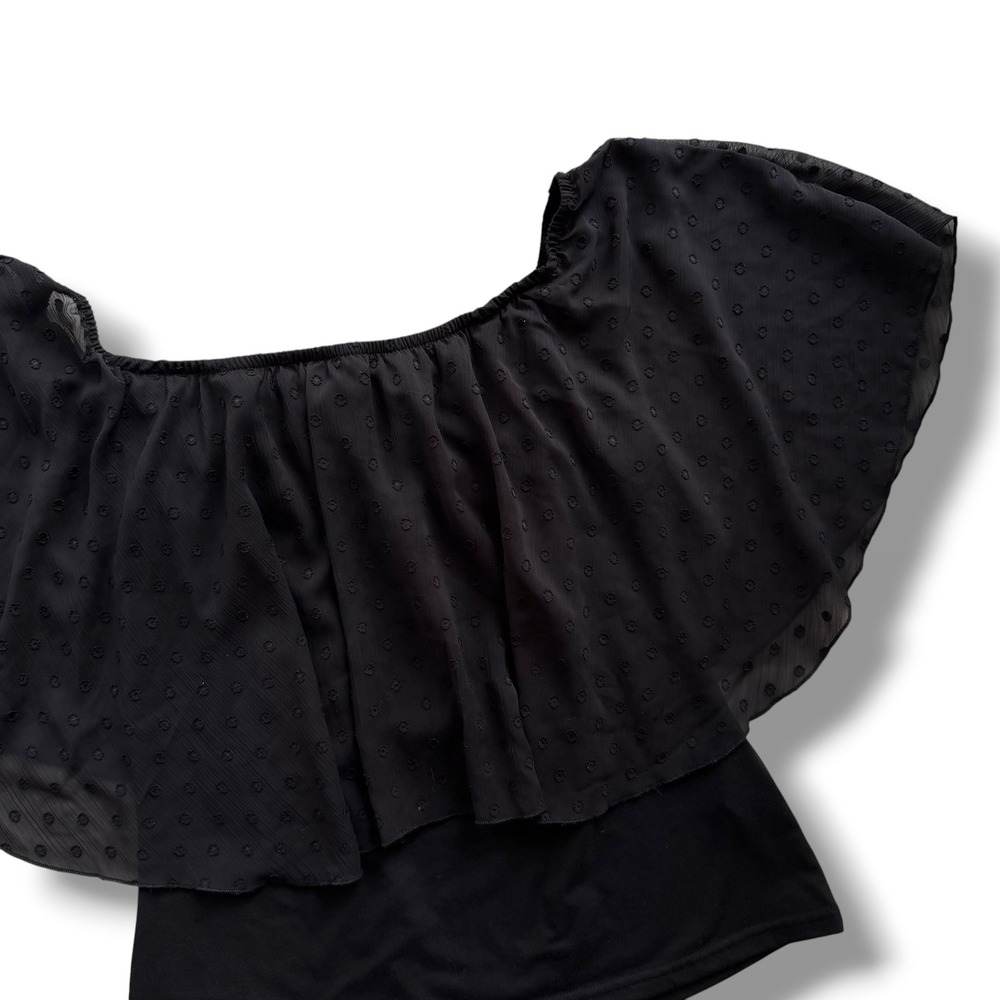Womens Size XL Black Swiss Dot Off The Shoulder Ruffle Tiered Blouse Grunge Chic